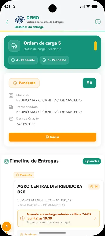 App do motorista com ordem de carga