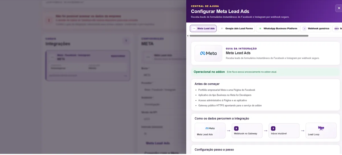 Tela de integrações do Loop Leads com Meta e Google